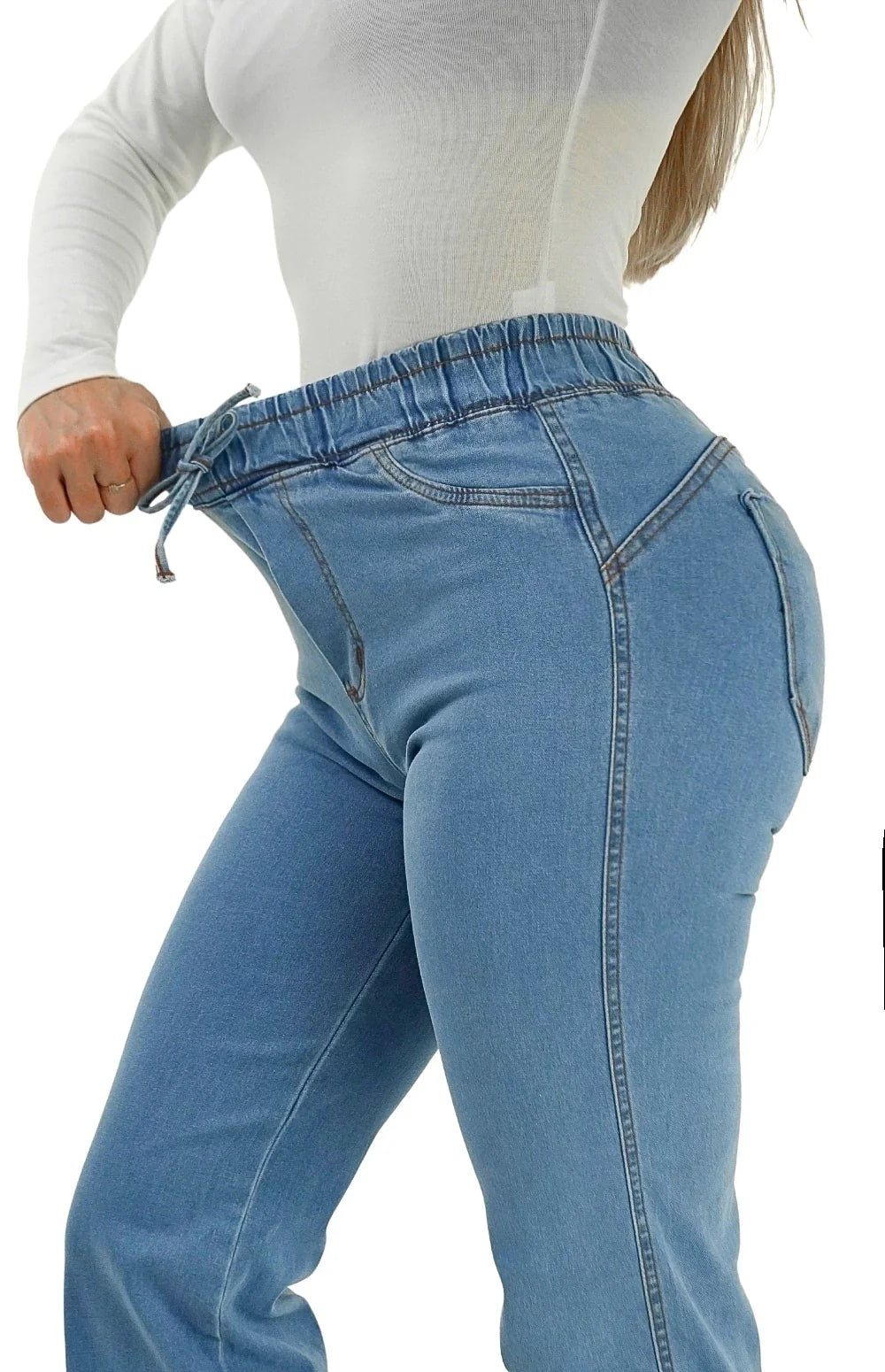 CALÇA JEANS FEMININA - WIDE LEG CINTURA ELÁSTICA PISCINE